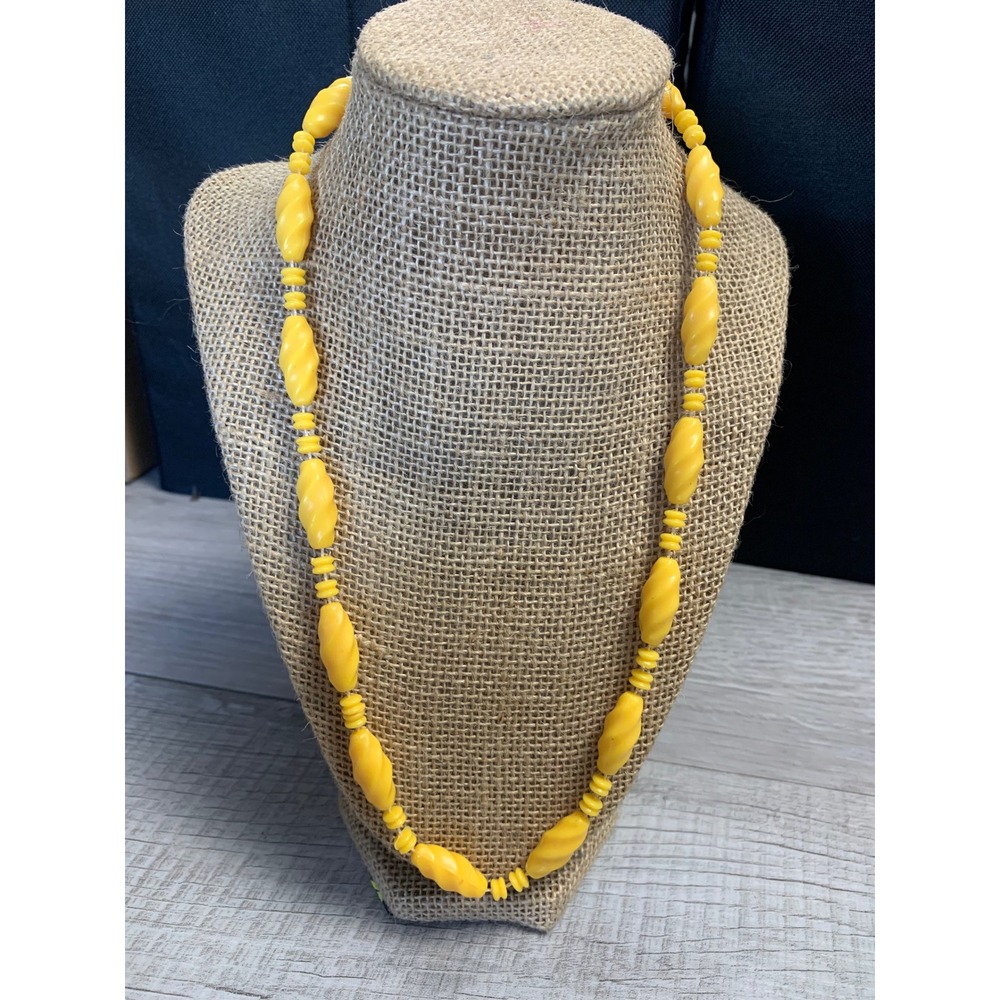 Vintage Yellow Twisted Bead Necklace 24 Inch Mid Century Plastic Retro Jewelry